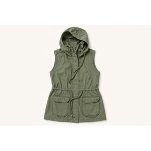 Skies Are Blue Womens Olive Green Utility Vest Hooded Cotton Cargo Jacket Small